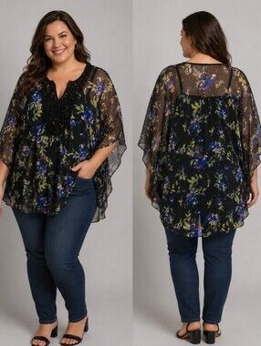 Floral Top crochet neckline sheer winged sleeve 2X Flowing Tunic Overdrive